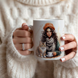 Waterverf Kat en Koffie Dame Gepersonaliseerde Naa Koffiemok