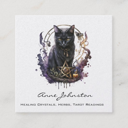 Waterverf Kat en Pentagram Vierkante Visitekaartje (Voorkant)