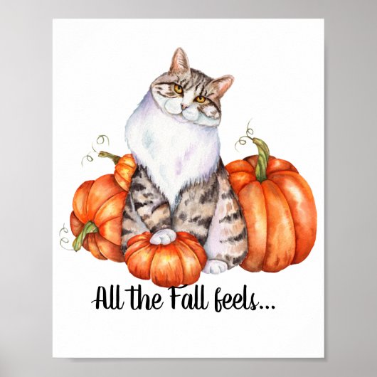 Waterverf Kat en pompoenen Herfst Poster (Voorkant)