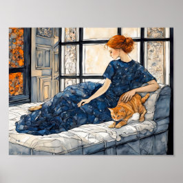 Waterverf kat en vrouw door raam poster