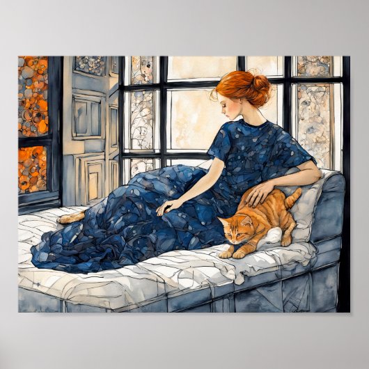 Waterverf kat en vrouw door raam poster (Voorkant)