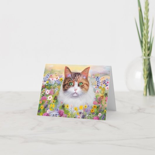 Waterverf kat en wilde bloemen aanpasbaar kaart (Voorkant)