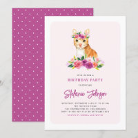 Waterverf Kat Floral Kinderen uitnodiging