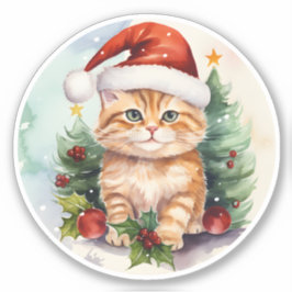 Waterverf kat, Holly bessen en kerstboom Sticker
