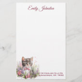 Waterverf Kat in bloemen Aangepaste schrijfbenodig Briefpapier (Voorkant)