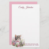 Waterverf Kat in bloemen Aangepaste schrijfbenodig Briefpapier (Voorkant / Achterkant)