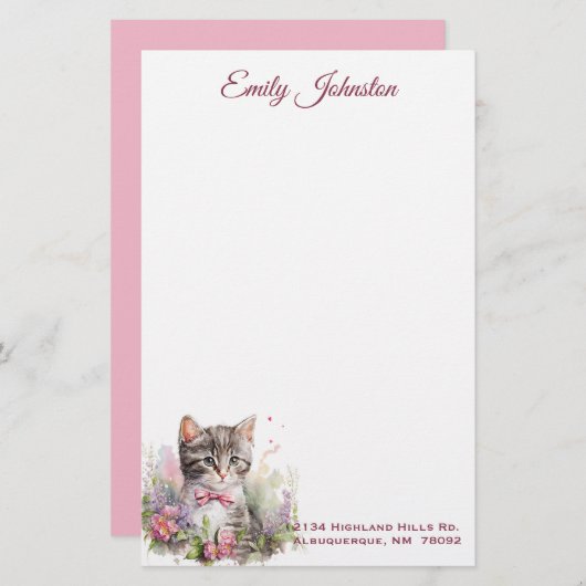 Waterverf Kat in bloemen Aangepaste schrijfbenodig Briefpapier (Voorkant / Achterkant)