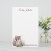 Waterverf Kat in bloemen Aangepaste schrijfbenodig Briefpapier (Staand voorkant)