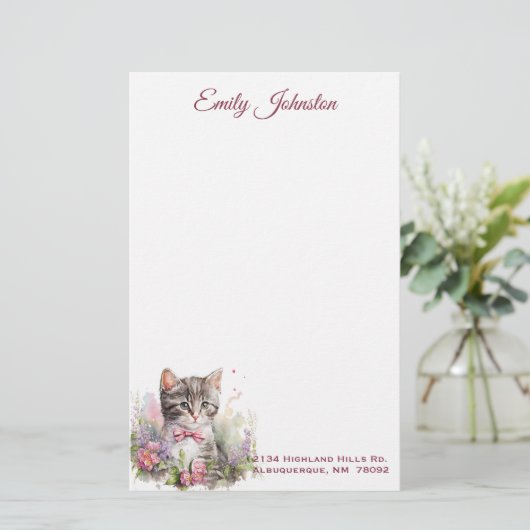 Waterverf Kat in bloemen Aangepaste schrijfbenodig Briefpapier (Staand voorkant)