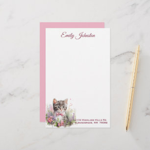Waterverf Kat in bloemen Aangepaste schrijfbenodig Briefpapier
