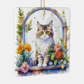 Waterverf kat in bloemenvenster gepersonaliseerd keramisch ornament (Rechts)