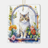 Waterverf kat in bloemenvenster gepersonaliseerd keramisch ornament (Links)