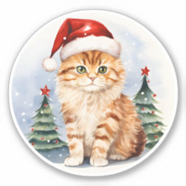 Waterverf kat in kerstmuts en kerstboom sticker