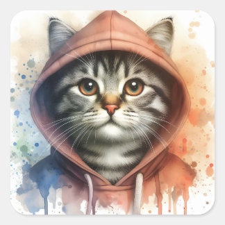 Waterverf Kat in Kleurrijke Hoodie Splash Art Vierkante Sticker