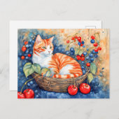 Waterverf kat in mandje met kersen briefkaart (Voorkant / Achterkant)