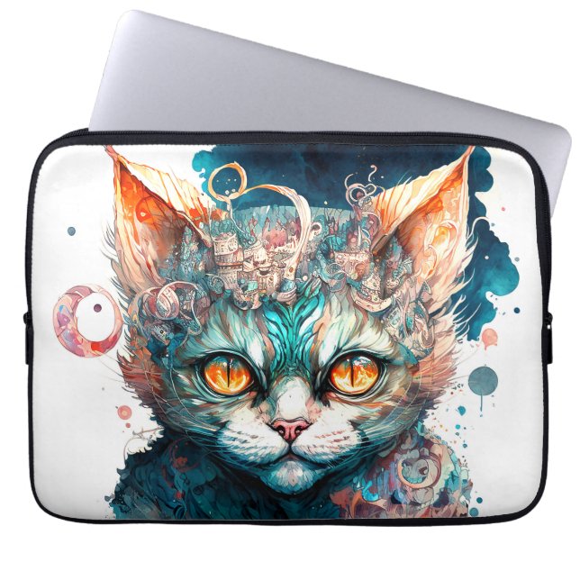 Waterverf kat in steampunk laptop sleeve (Voorkant)