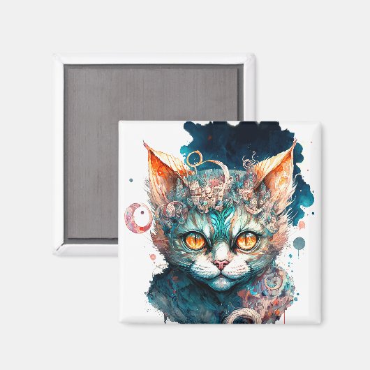 Waterverf kat in steampunk magneet (Voorkant / Achterkant)