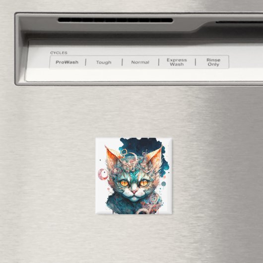 Waterverf kat in steampunk magneet (Insitu (Vaatwasser))