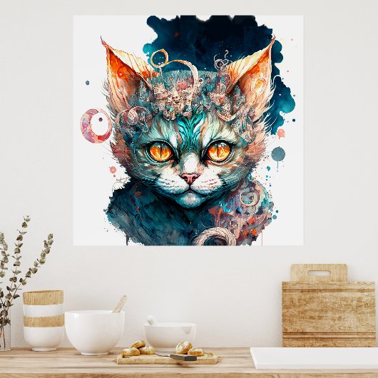 Waterverf kat in steampunk poster (Keuken)