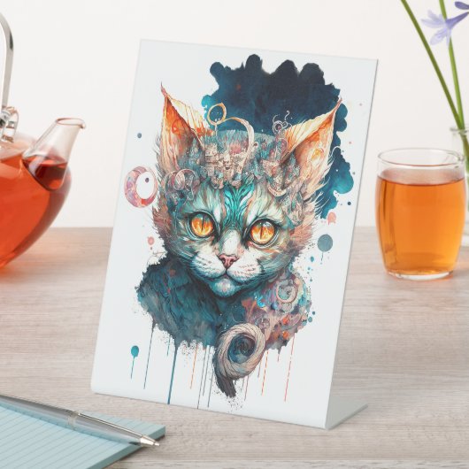 Waterverf kat in steampunk reclamebord met voetstuk (Insitu)