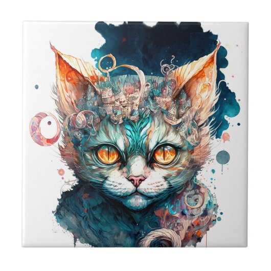 Waterverf kat in steampunk tegeltje (Voorkant)
