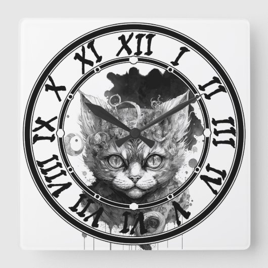Waterverf kat in steampunk vierkante klok (Voorkant)