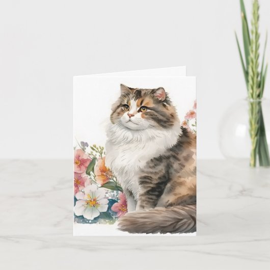 Waterverf kat met bloemen notitiekaartje (Voorkant)