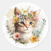 Waterverf Kat met bloemenkroon Ronde Sticker (Voorkant)