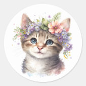 Waterverf Kat met bloemenkroon Ronde Sticker (Voorkant)