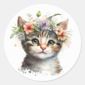 Waterverf Kat met bloemenkroon Ronde Sticker (Voorkant)