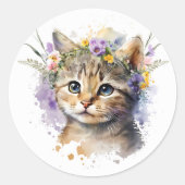 Waterverf Kat met bloemenkroon Ronde Sticker (Voorkant)