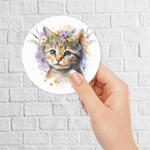 Waterverf Kat met bloemenkroon Ronde Sticker