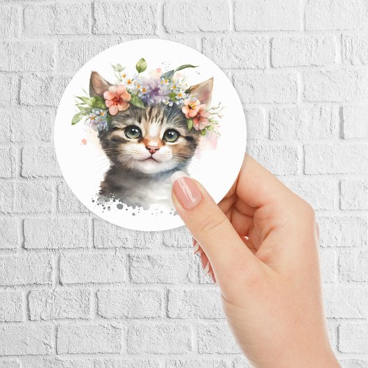 Waterverf Kat met bloemenkroon Ronde Sticker
