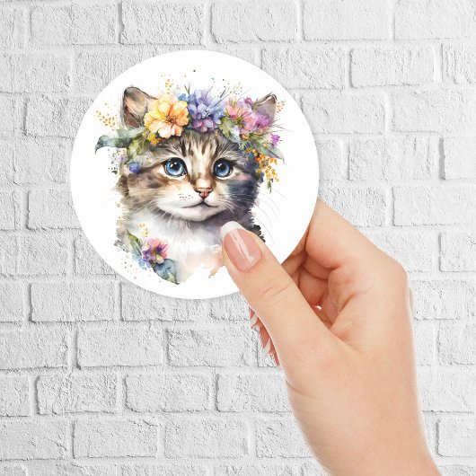 Waterverf Kat met bloemenkroon Ronde Sticker