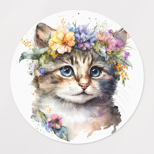 Waterverf Kat met bloemetjes Labels (Design 1)