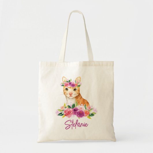 Waterverf Kat met Floral Crown Gepersonaliseerde T Tote Bag (Voorkant)