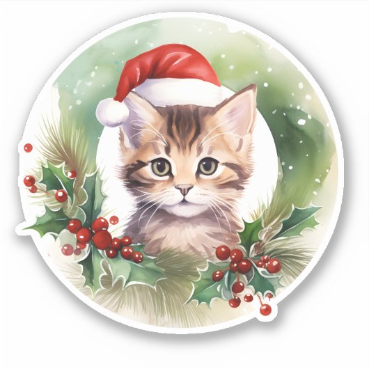 Waterverf kat met Holly Berry krans Sticker (Voorkant)