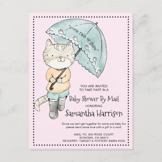 Waterverf Kat met overkoepelend Baby shower per po Uitnodiging Briefkaart (Voorkant)