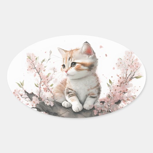 Waterverf Kat met roze bloemen Ovale Sticker (Voorkant)