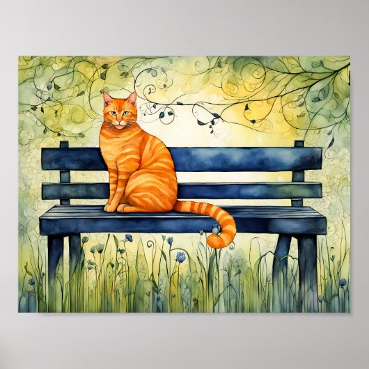 Waterverf kat op parkbank poster (Voorkant)