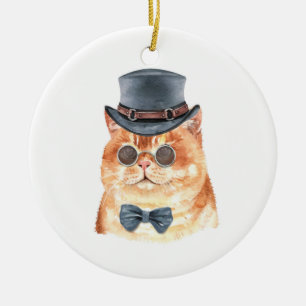 Waterverf Kat Sinaasappel Steampunk Kerstmis Keramisch Ornament