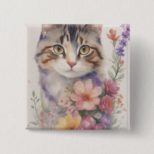 Waterverf Kat Vierkante Button 5,1 Cm (Voorkant)