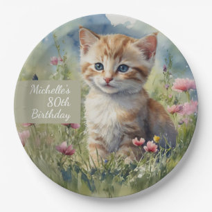 Waterverf Kat Weide Bloemen 80ste Verjaardag Papieren Bordje