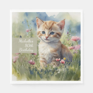 Waterverf Kat Weide Bloemen 80ste Verjaardag Servet