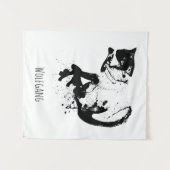 Waterverf Kat, zwarte kat, minimaal, zwart en wit Wandkleed (Voorkant (horizontaal))