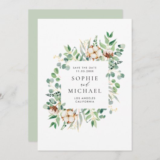Waterverf Katoen en Eucalyptusbladeren Griekenland Save The Date (Voorkant / Achterkant)