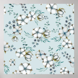 Waterverf katoenbloemen en eucalyptus poster