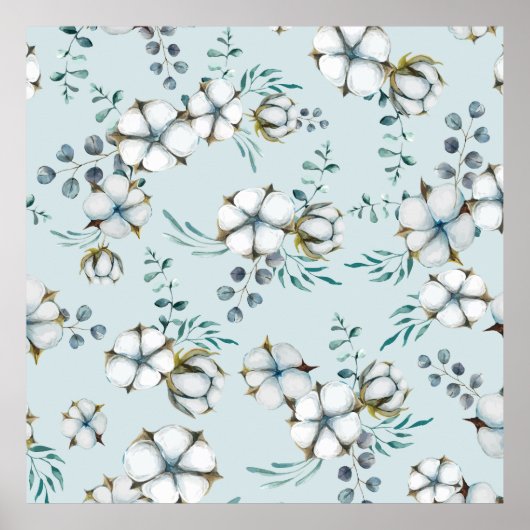 Waterverf katoenbloemen en eucalyptus poster (Voorkant)