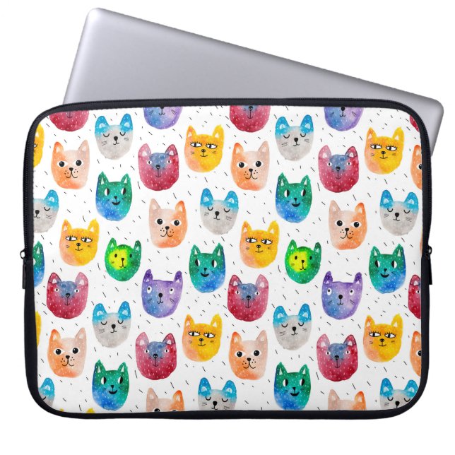 Waterverf katten en vrienden laptop sleeve (Voorkant)