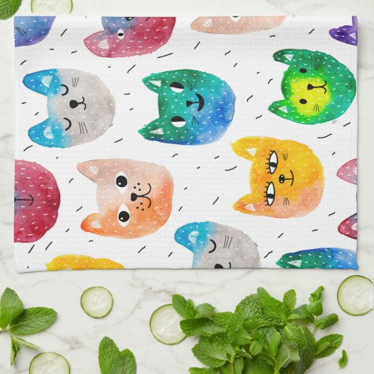 Waterverf katten en vrienden theedoek (Gevouwen)